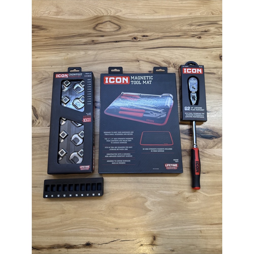 Icon G2 Ratchets 3/8 14" R2LKG Flex Head , Crowfoot Wrench Set & Magnetic Mat